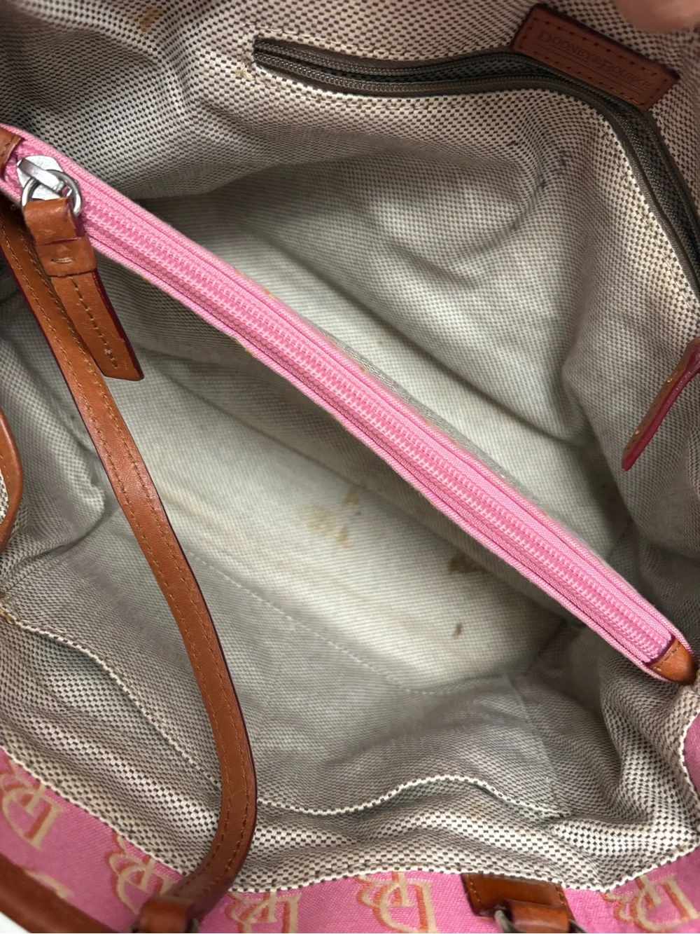 Dooney & Bourke Pink Logo Satchel with Brown Leather Trim
